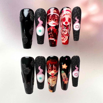 Toilet-Bound Hanako-kun Nails – Hanako &amp; Nene Press-On Set, Black Glitter &amp; Haku-joudai Anime Design | Dragonnail