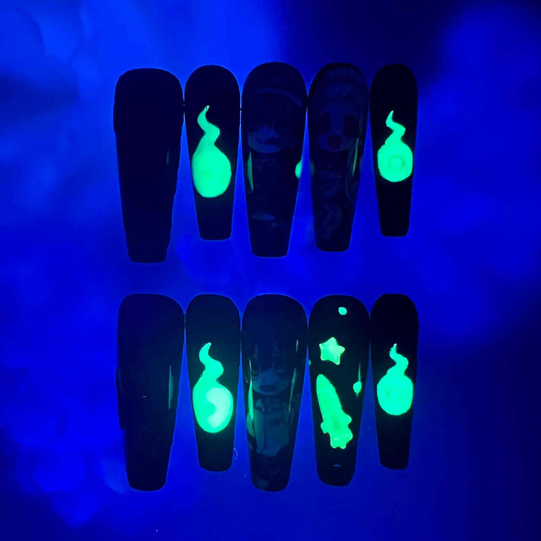 Toilet-Bound Hanako-kun Nails – Hanako &amp; Nene Press-On Set, Black Glitter &amp; Haku-joudai Anime Design | Dragonnail