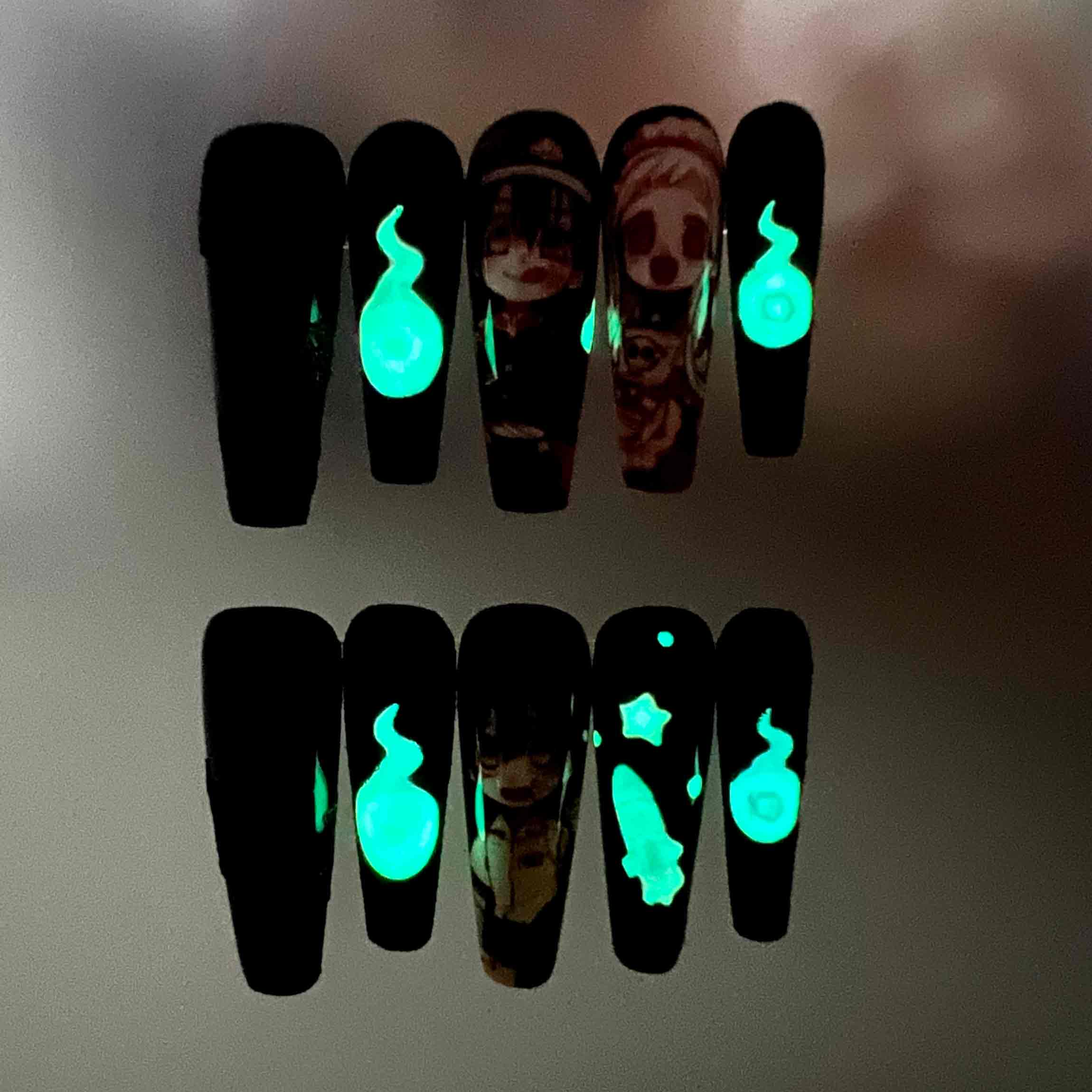 Toilet-Bound Hanako-kun Nails – Hanako &amp; Nene Press-On Set, Black Glitter &amp; Haku-joudai Anime Design | Dragonnail