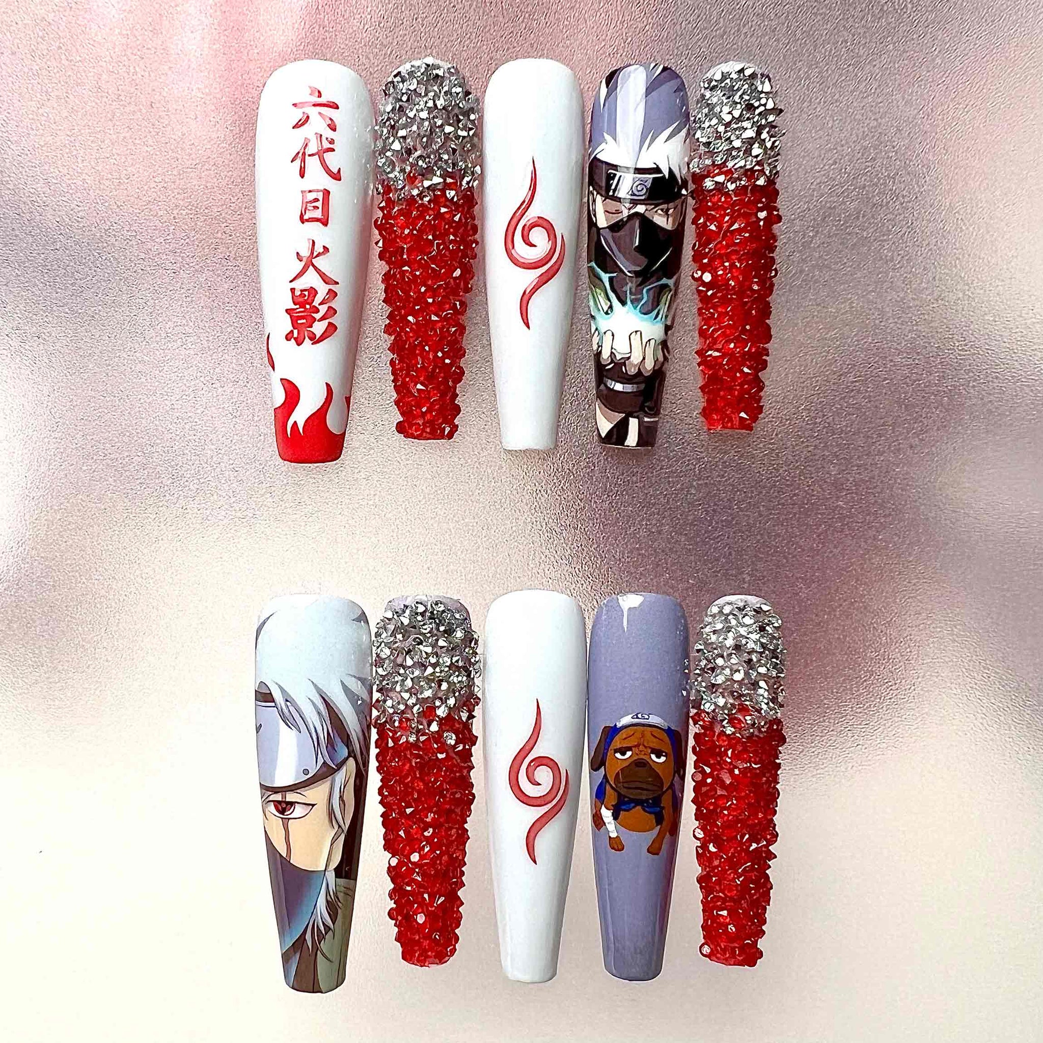 Kakashi Hatake Nails – Naruto Shippuden Press-On Set, 3D Red Crystal &amp; Hokage Anime Design | Dragonnail