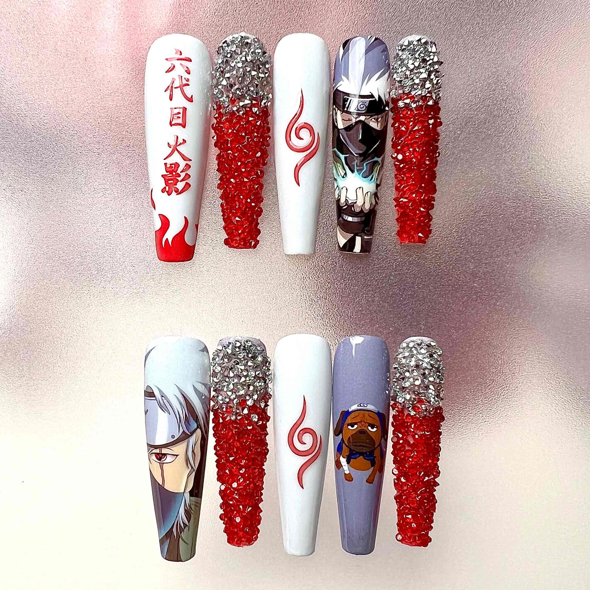 Kakashi Hatake Nails – Naruto Shippuden Press-On Set, 3D Red Crystal &amp; Hokage Anime Design | Dragonnail
