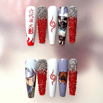 Kakashi Hatake Nails – Naruto Shippuden Press-On Set, 3D Red Crystal &amp; Hokage Anime Design | Dragonnail