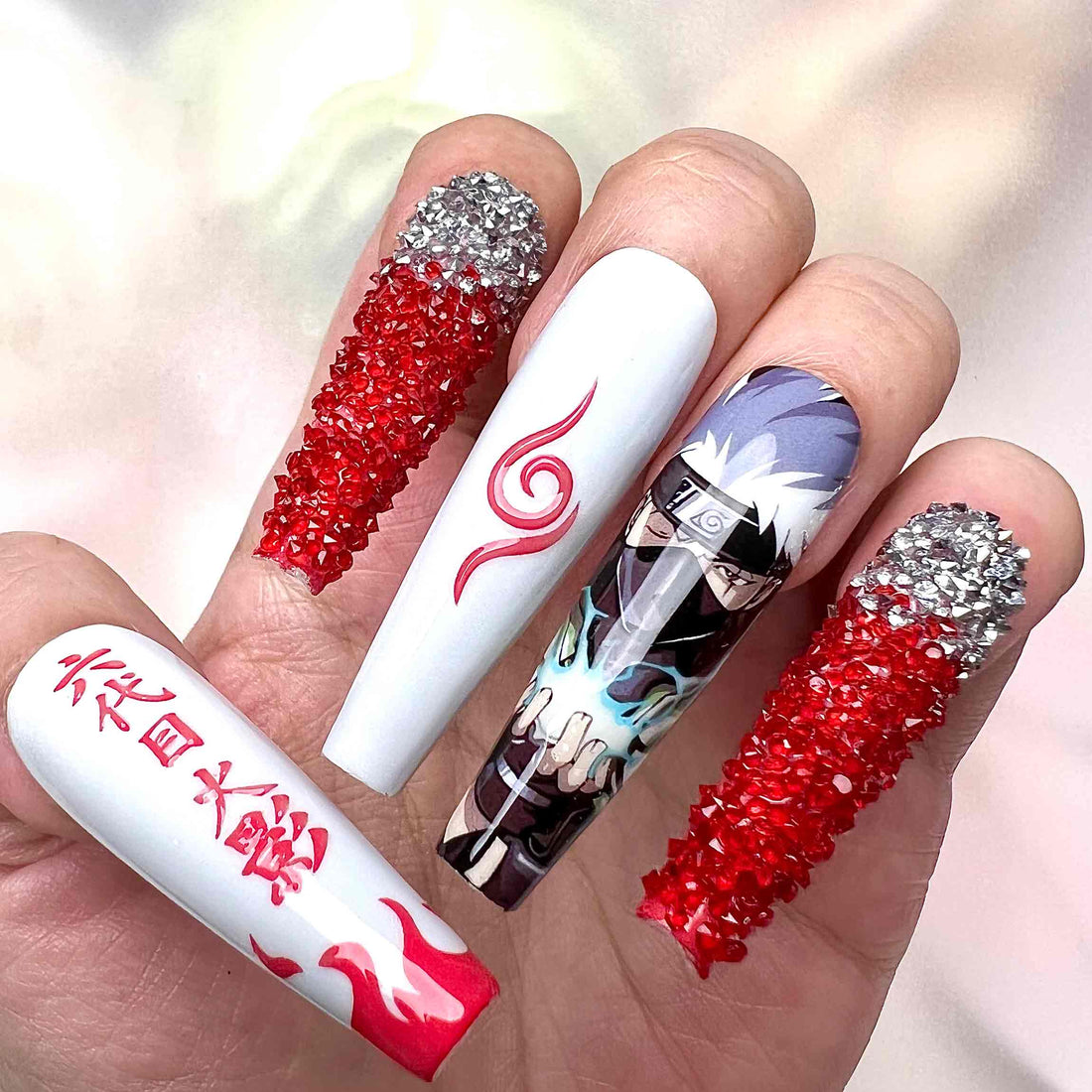 Kakashi Hatake Nails – Naruto Shippuden Press-On Set, 3D Red Crystal &amp; Hokage Anime Design | Dragonnail