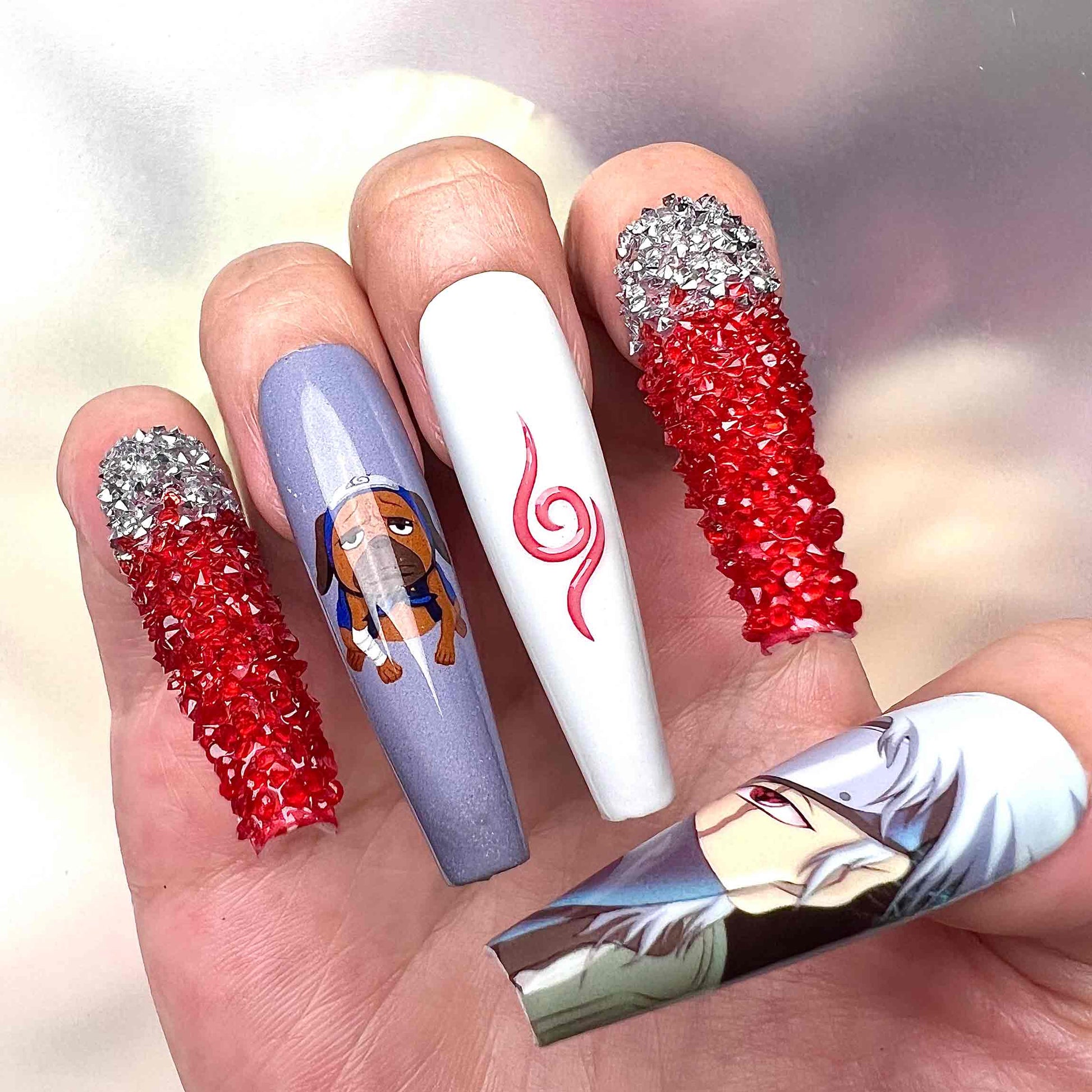 Kakashi Hatake Nails – Naruto Shippuden Press-On Set, 3D Red Crystal &amp; Hokage Anime Design | Dragonnail