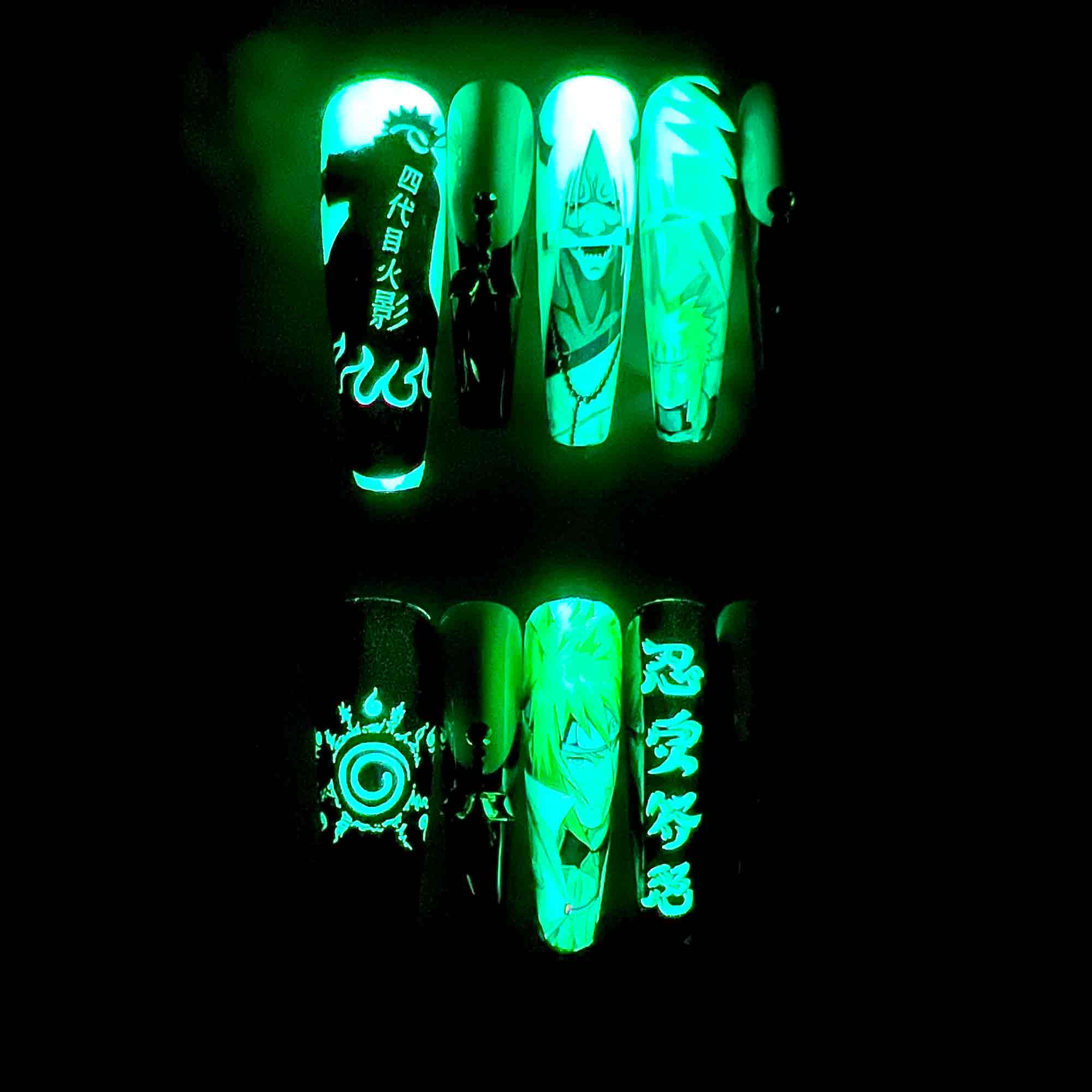 Minato Namikaze Nails – Glow-in-the-Dark Naruto Press-On Set, Neon Green Hokage &amp; Rasengan Design | Dragonnail