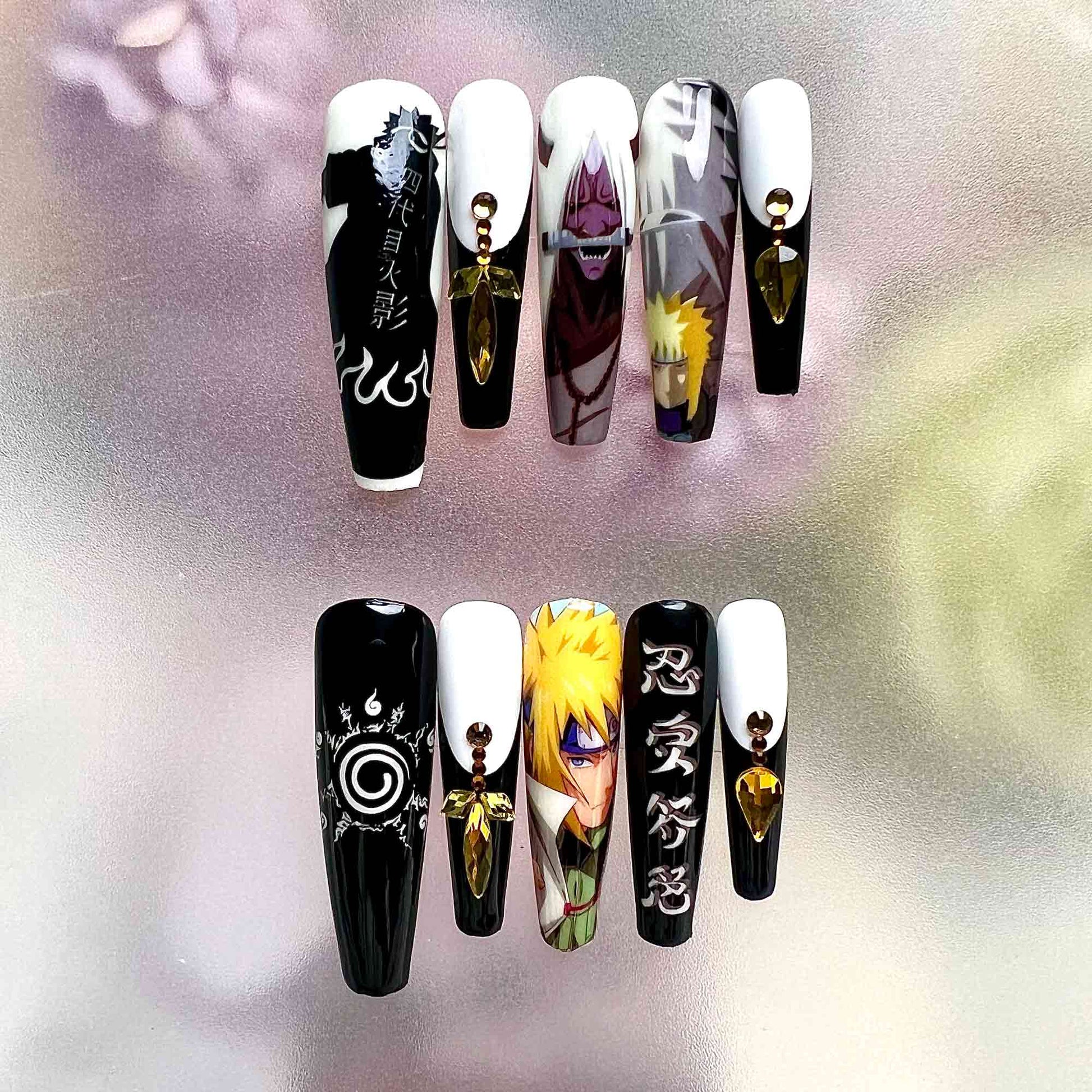 Minato Namikaze Nails – Glow-in-the-Dark Naruto Press-On Set, Neon Green Hokage &amp; Rasengan Design | Dragonnail