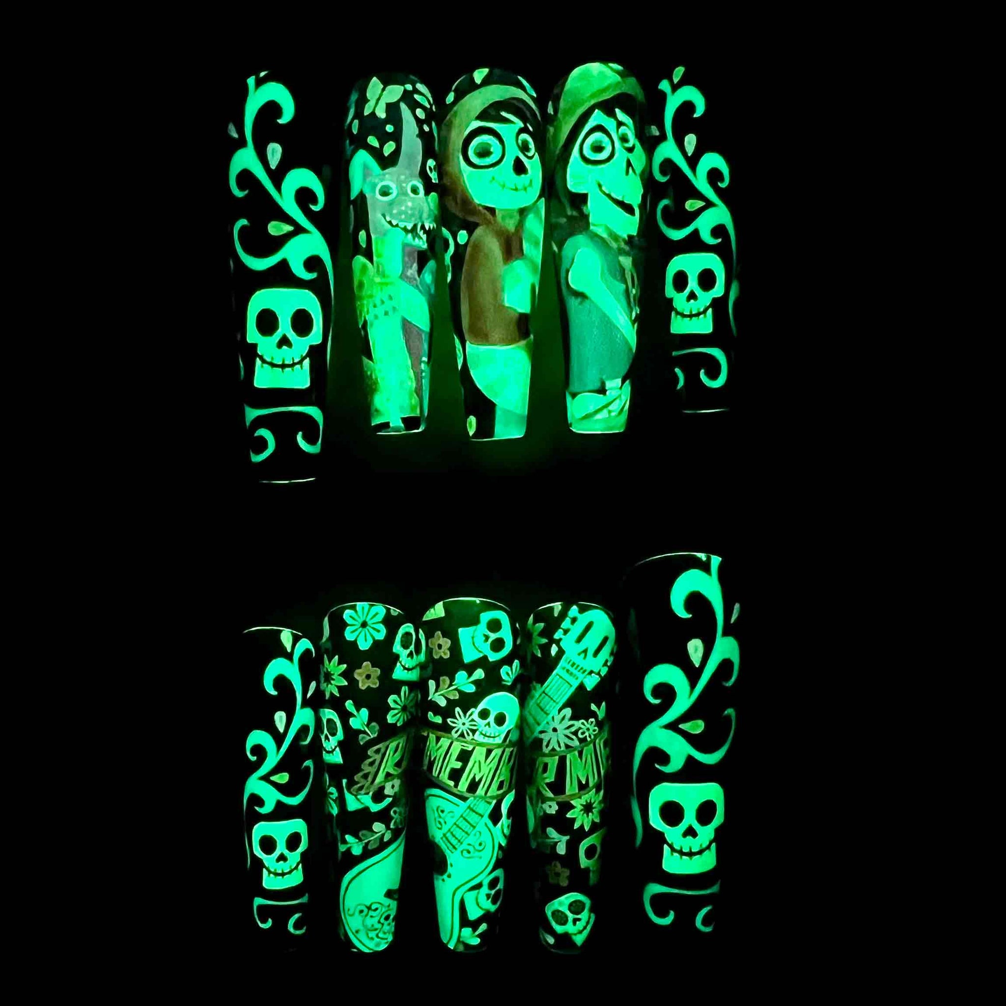 Pixar Coco Press-On Nails | Glow-in-the-Dark Día de Muertos Set feat. Miguel &amp; Hector | Sugar Skull &amp; Calavera Art | Dragonnail
