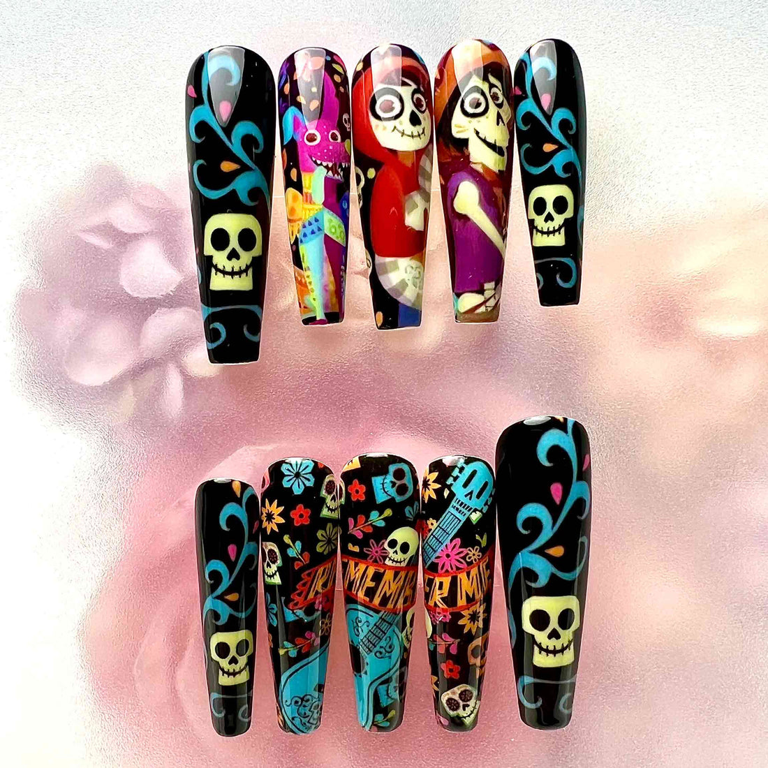 Pixar Coco Press-On Nails | Glow-in-the-Dark Día de Muertos Set feat. Miguel &amp; Hector | Sugar Skull &amp; Calavera Art | Dragonnail