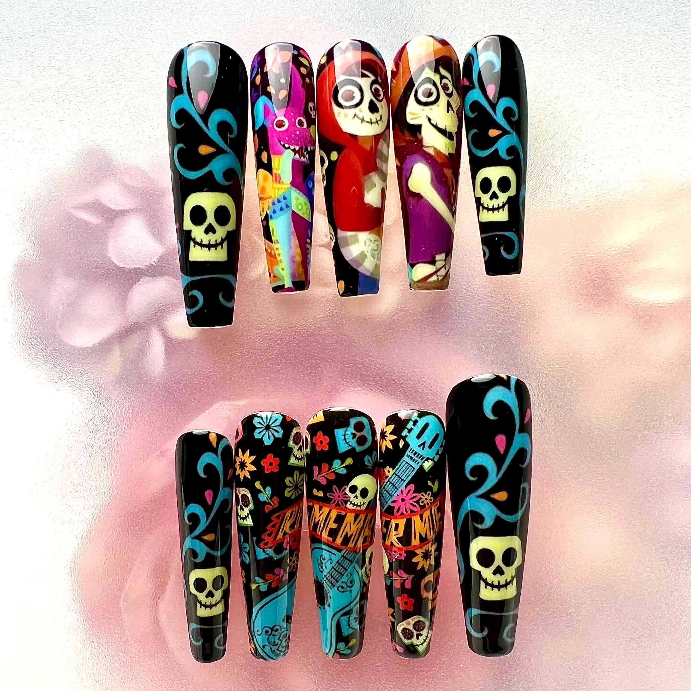 Pixar Coco Press-On Nails | Glow-in-the-Dark Día de Muertos Set feat. Miguel &amp; Hector | Sugar Skull &amp; Calavera Art | Dragonnail