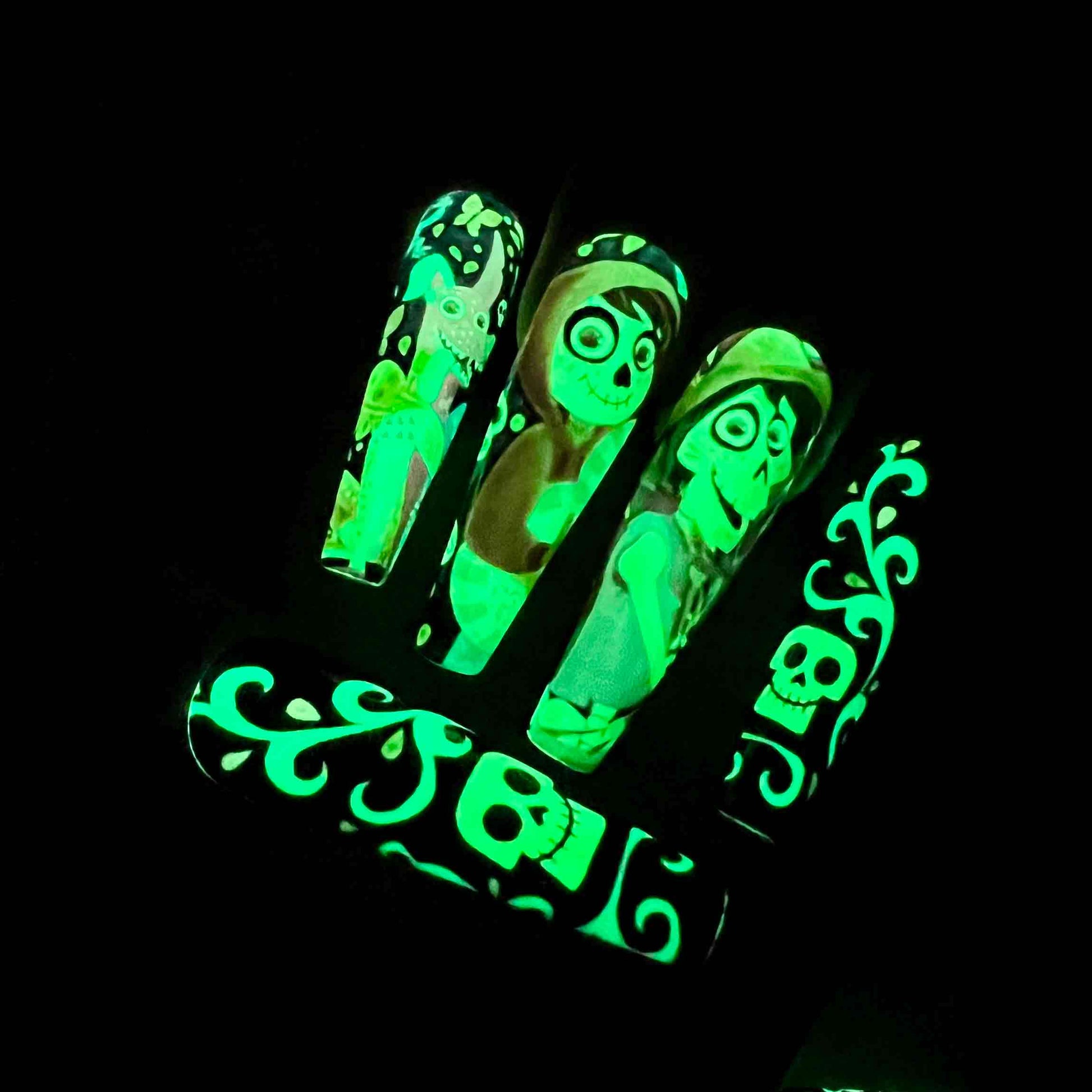 Pixar Coco Press-On Nails | Glow-in-the-Dark Día de Muertos Set feat. Miguel &amp; Hector | Sugar Skull &amp; Calavera Art | Dragonnail