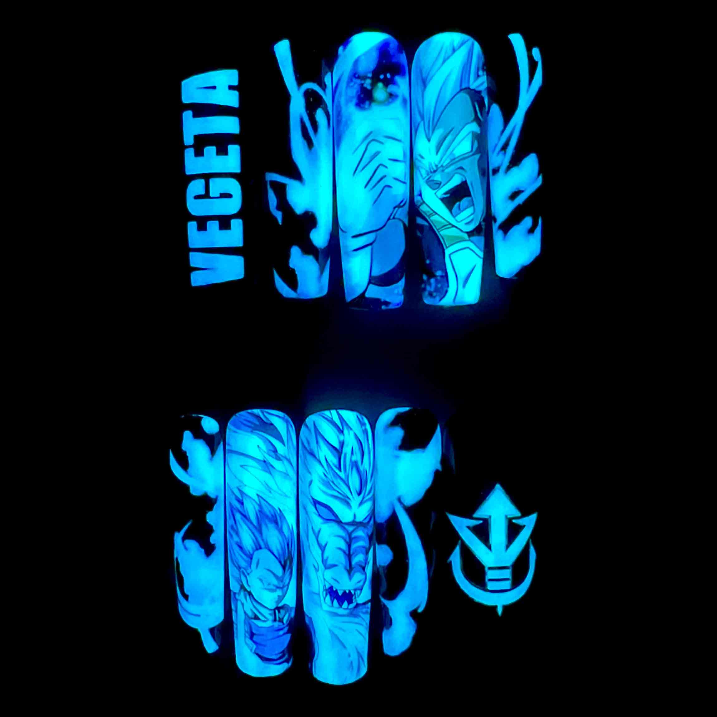 Vegeta Nails – Glow-in-the-Dark DBZ Press-On Set, Blue Aura &amp; Great Ape Anime Design | Dragonnail