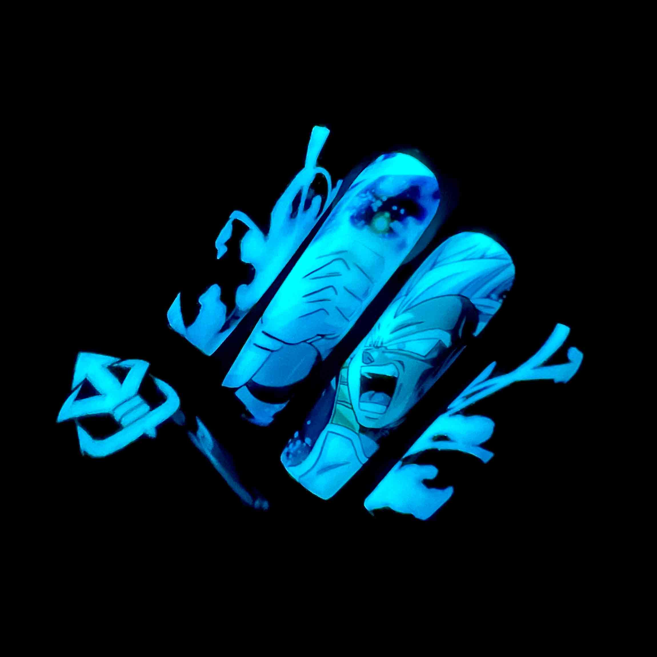 Vegeta Nails – Glow-in-the-Dark DBZ Press-On Set, Blue Aura &amp; Great Ape Anime Design | Dragonnail