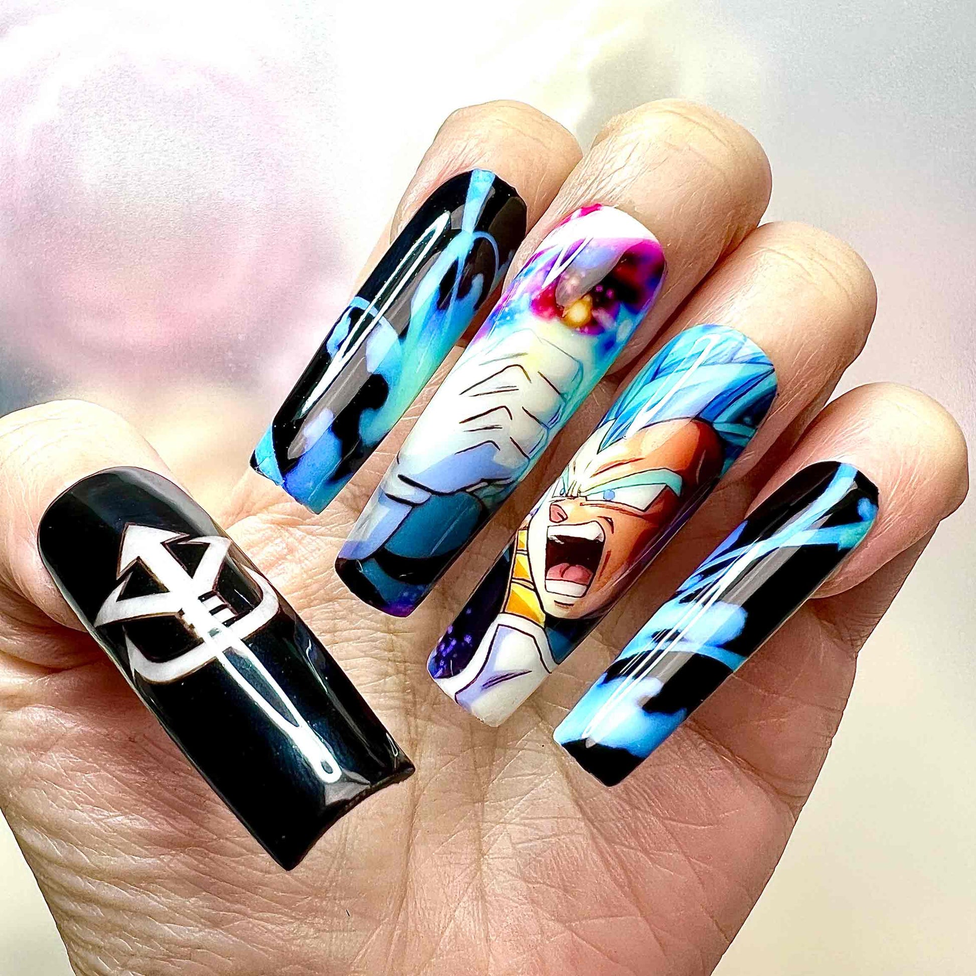 Vegeta Nails – Glow-in-the-Dark DBZ Press-On Set, Blue Aura &amp; Great Ape Anime Design | Dragonnail
