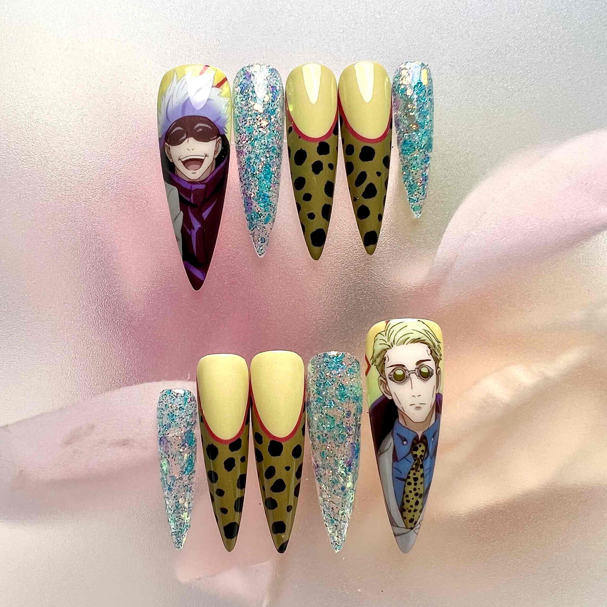 Gojo &amp; Nanami Nails – Jujutsu Kaisen JJK Press-On Set, Leopard Print &amp; Glitter Anime Design | Dragonnail