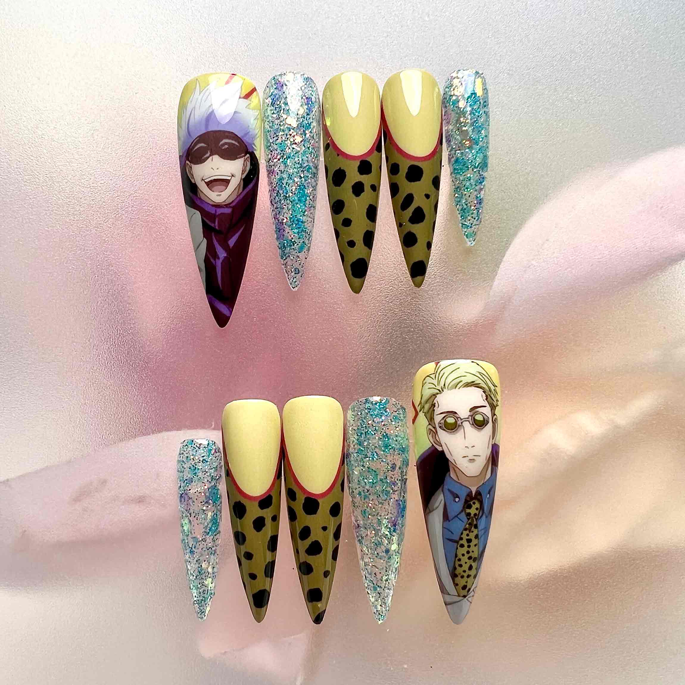 Gojo &amp; Nanami Nails – Jujutsu Kaisen JJK Press-On Set, Leopard Print &amp; Glitter Anime Design | Dragonnail