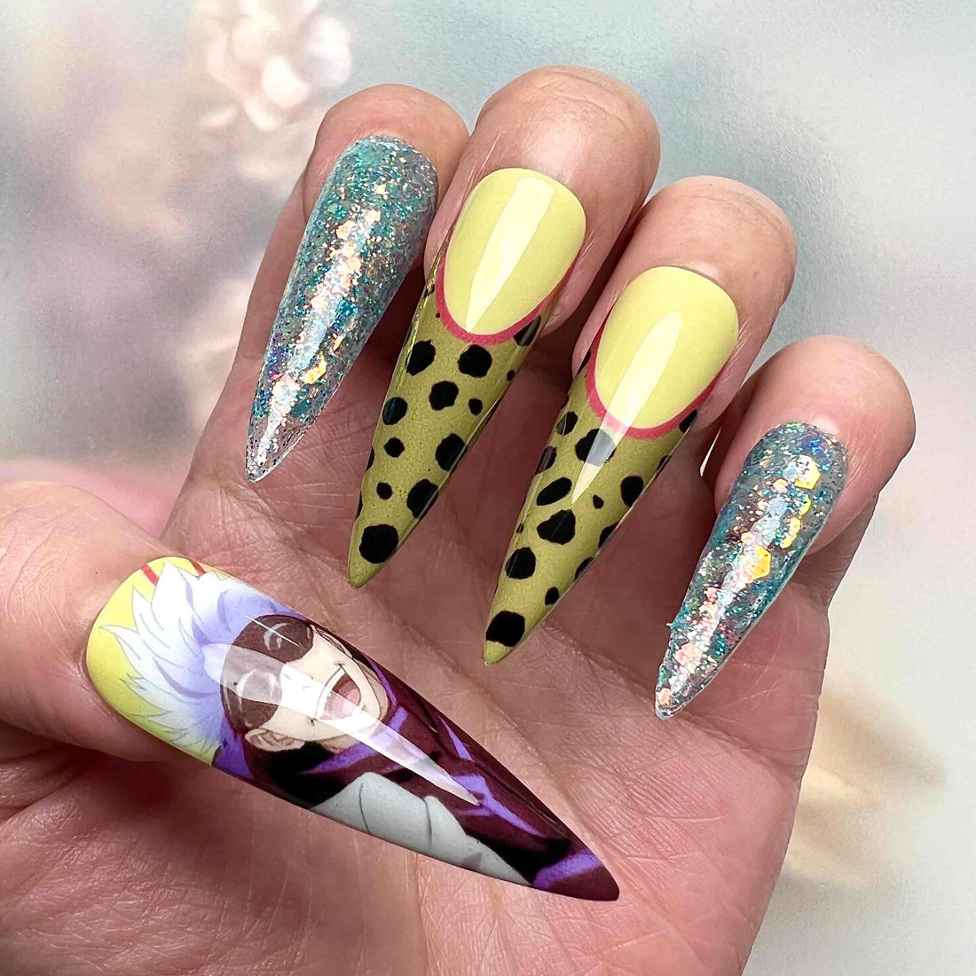 Gojo &amp; Nanami Nails – Jujutsu Kaisen JJK Press-On Set, Leopard Print &amp; Glitter Anime Design | Dragonnail