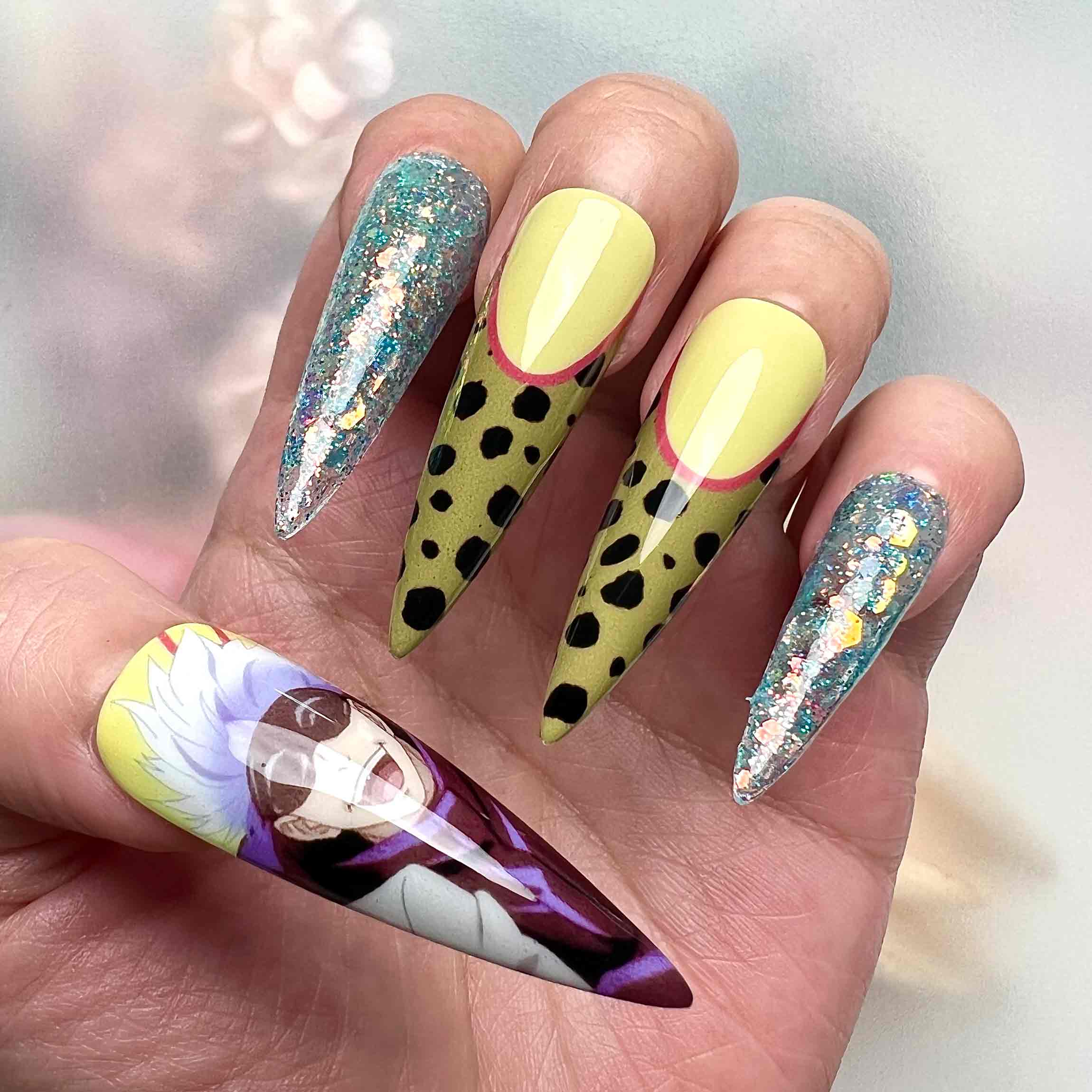 Gojo &amp; Nanami Nails – Jujutsu Kaisen JJK Press-On Set, Leopard Print &amp; Glitter Anime Design | Dragonnail