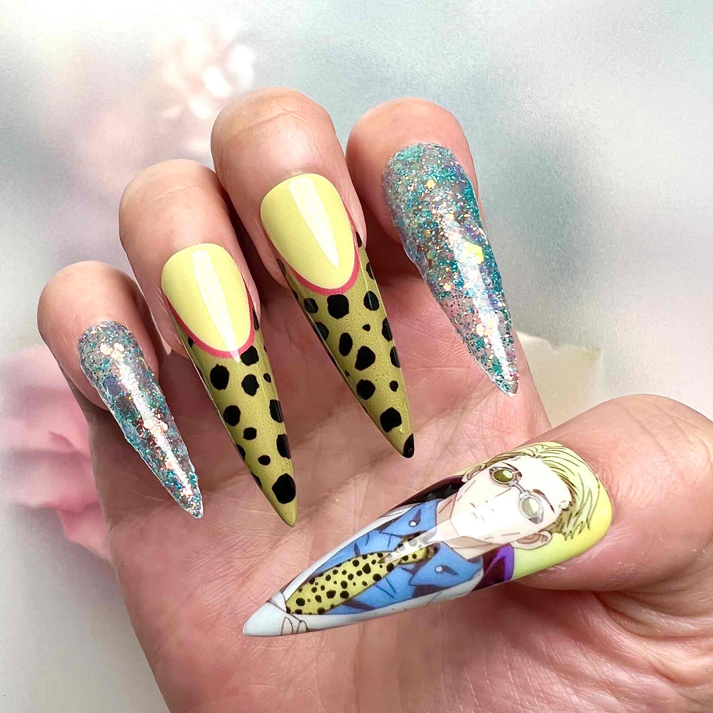 Gojo &amp; Nanami Nails – Jujutsu Kaisen JJK Press-On Set, Leopard Print &amp; Glitter Anime Design | Dragonnail