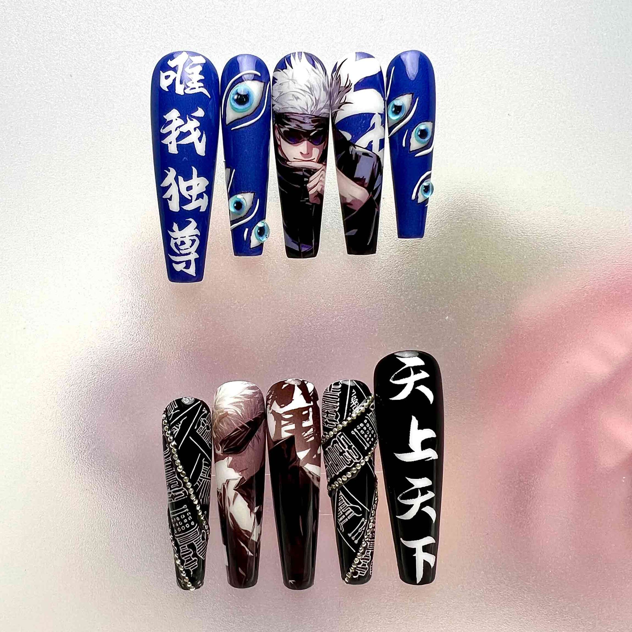 Gojo Satoru Nails – Jujutsu Kaisen JJK Press-On Set, Blue Six Eyes &amp; Black/White Kanji Split Design | Dragonnail