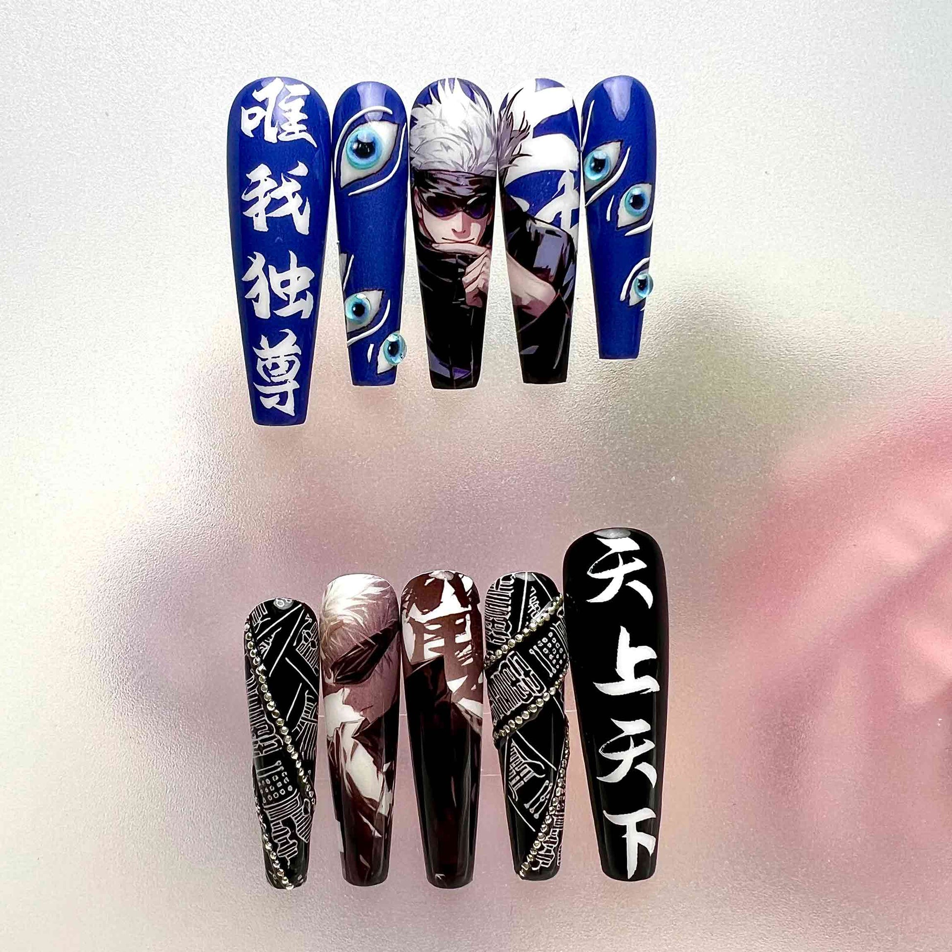Gojo Satoru Nails – Jujutsu Kaisen JJK Press-On Set, Blue Six Eyes &amp; Black/White Kanji Split Design | Dragonnail