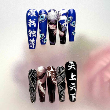 Gojo Satoru Nails – Jujutsu Kaisen JJK Press-On Set, Blue Six Eyes &amp; Black/White Kanji Split Design | Dragonnail