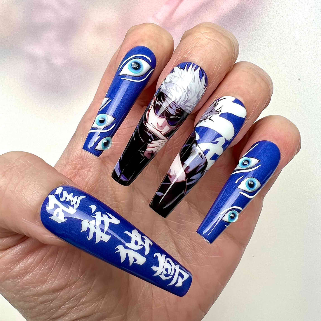 Gojo Satoru Nails – Jujutsu Kaisen JJK Press-On Set, Blue Six Eyes &amp; Black/White Kanji Split Design | Dragonnail