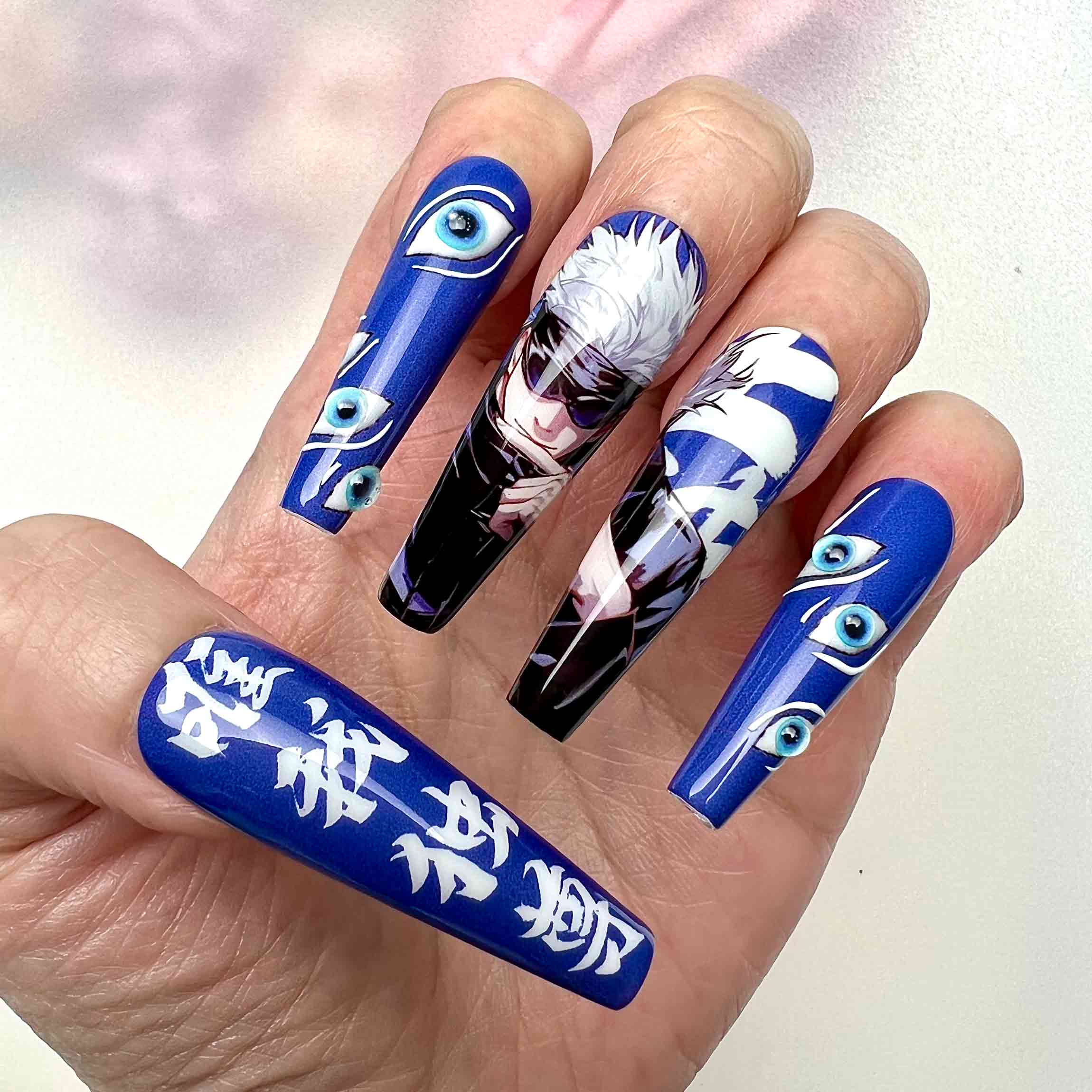 Gojo Satoru Nails – Jujutsu Kaisen JJK Press-On Set, Blue Six Eyes &amp; Black/White Kanji Split Design | Dragonnail