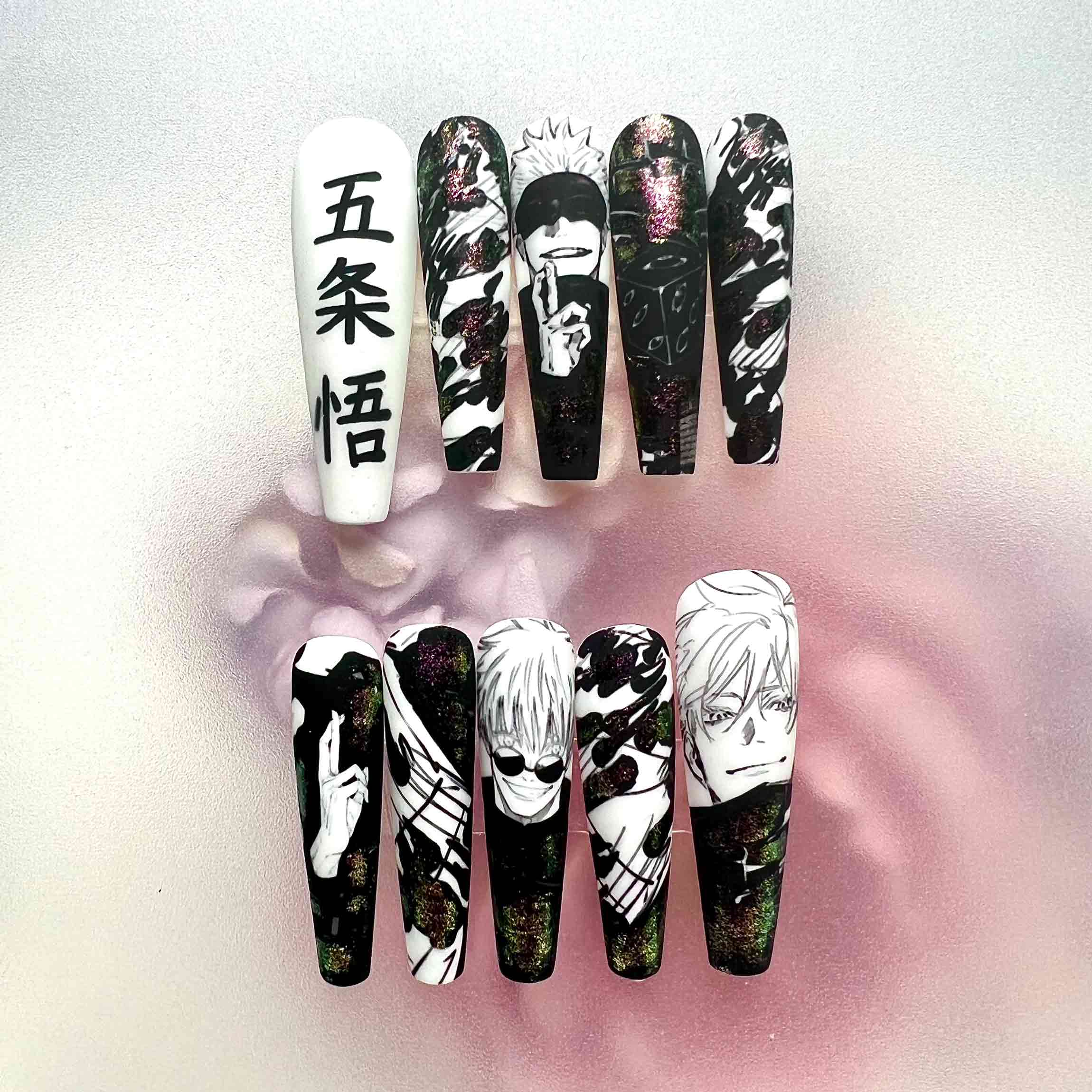 Gojo Satoru Nails – Jujutsu Kaisen JJK Press-On Set, Duo-Chrome Manga Art &amp; Kanji Design | Dragonnail