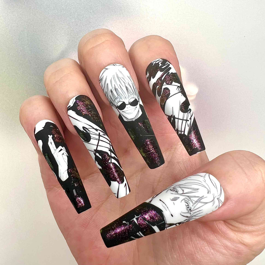Gojo Satoru Nails – Jujutsu Kaisen JJK Press-On Set, Duo-Chrome Manga Art &amp; Kanji Design | Dragonnail