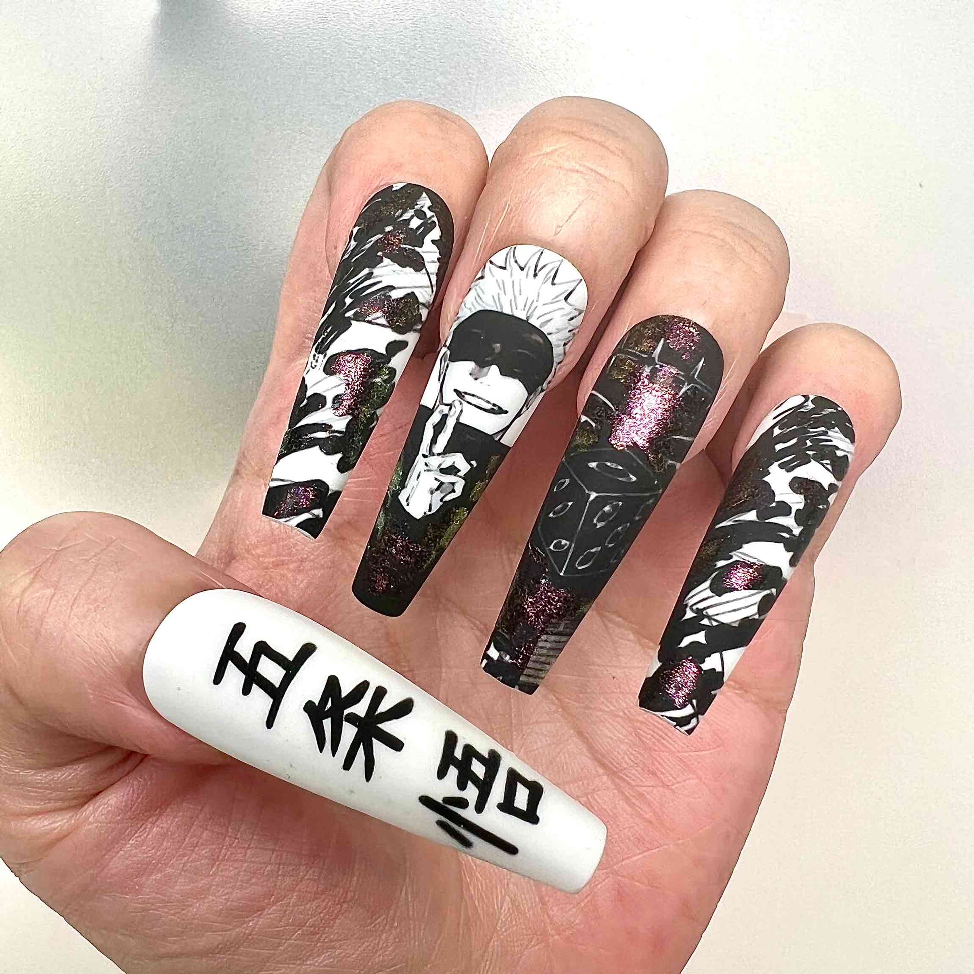Gojo Satoru Nails – Jujutsu Kaisen JJK Press-On Set, Duo-Chrome Manga Art &amp; Kanji Design | Dragonnail
