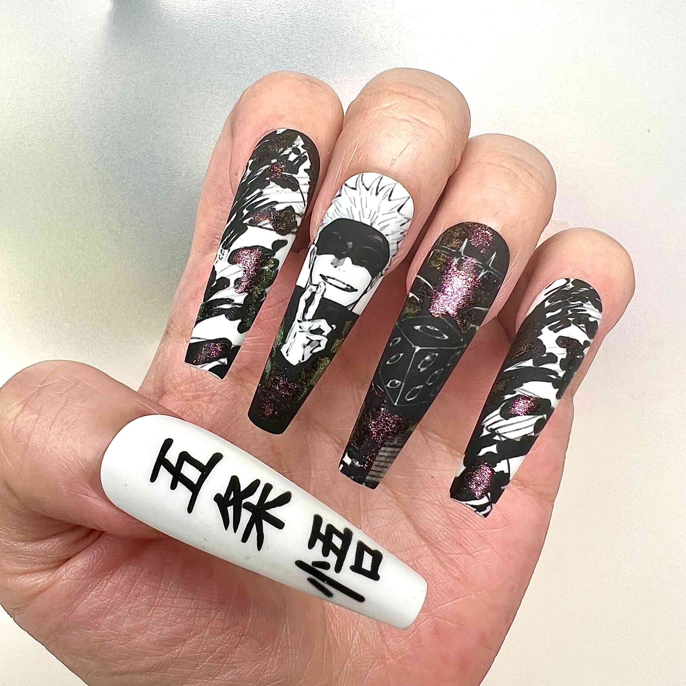 Gojo Satoru Nails – Jujutsu Kaisen JJK Press-On Set, Duo-Chrome Manga Art &amp; Kanji Design | Dragonnail