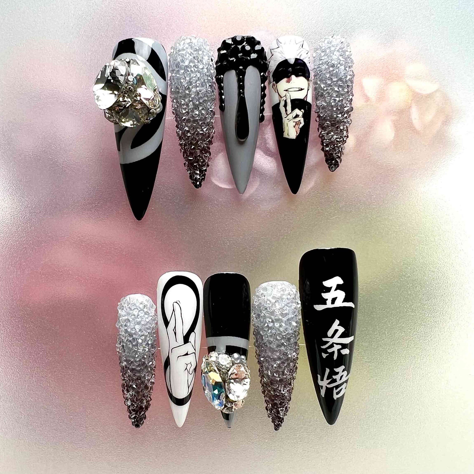 Gojo Satoru Nails – Jujutsu Kaisen JJK Press-On Set, 3D Crystal Drip &amp; Six Eyes Monochrome Design | Dragonnail