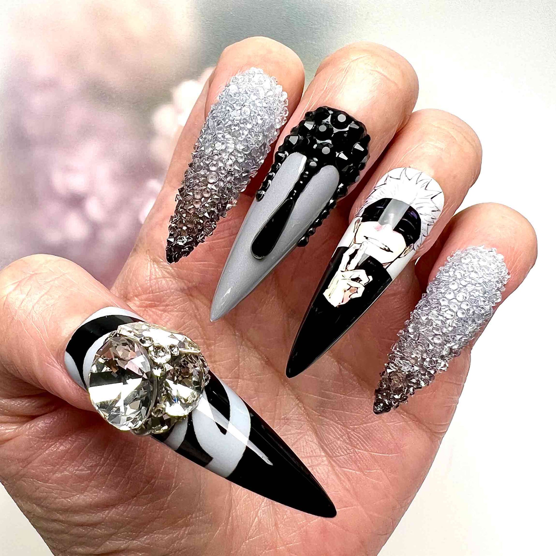 Gojo Satoru Nails – Jujutsu Kaisen JJK Press-On Set, 3D Crystal Drip &amp; Six Eyes Monochrome Design | Dragonnail