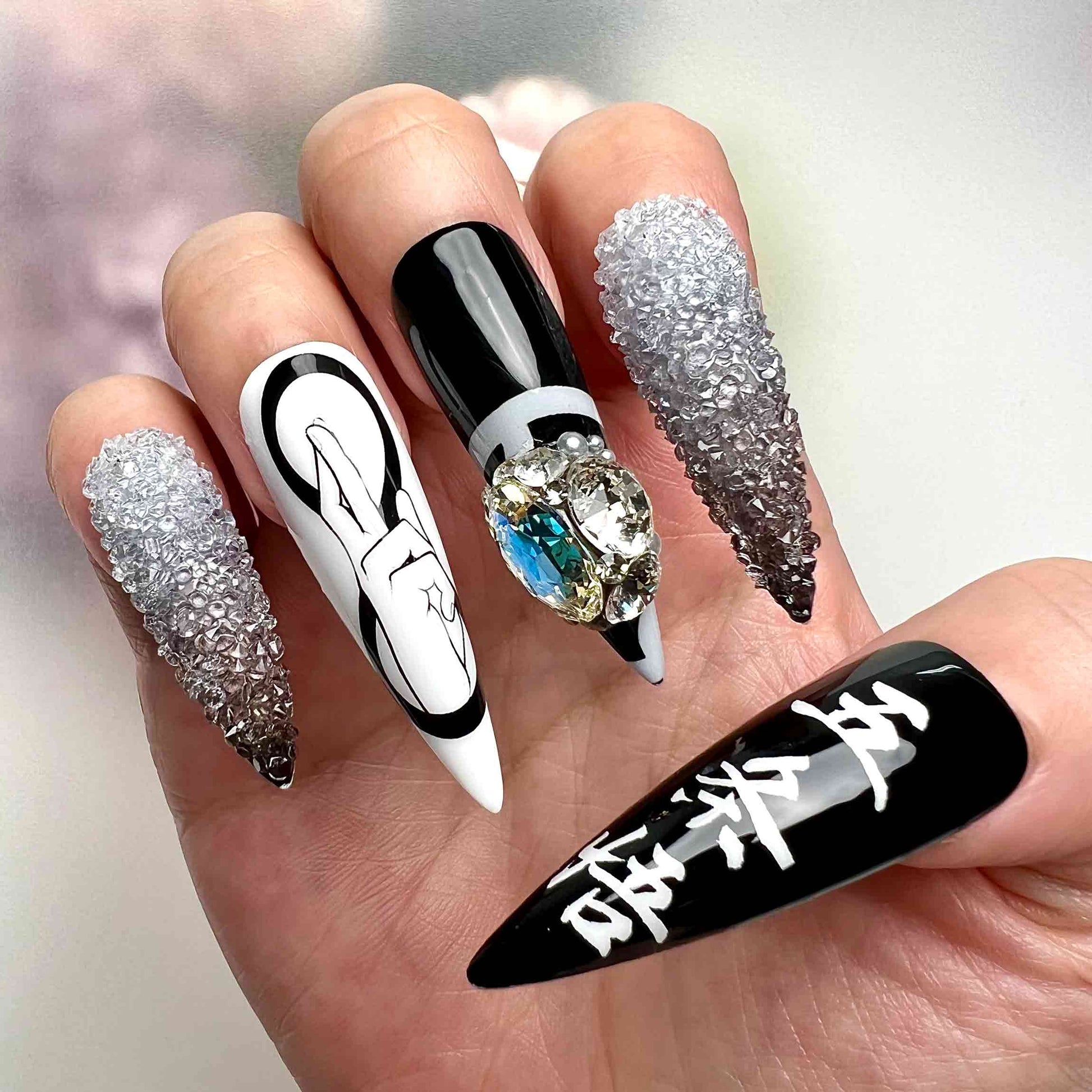 Gojo Satoru Nails – Jujutsu Kaisen JJK Press-On Set, 3D Crystal Drip &amp; Six Eyes Monochrome Design | Dragonnail