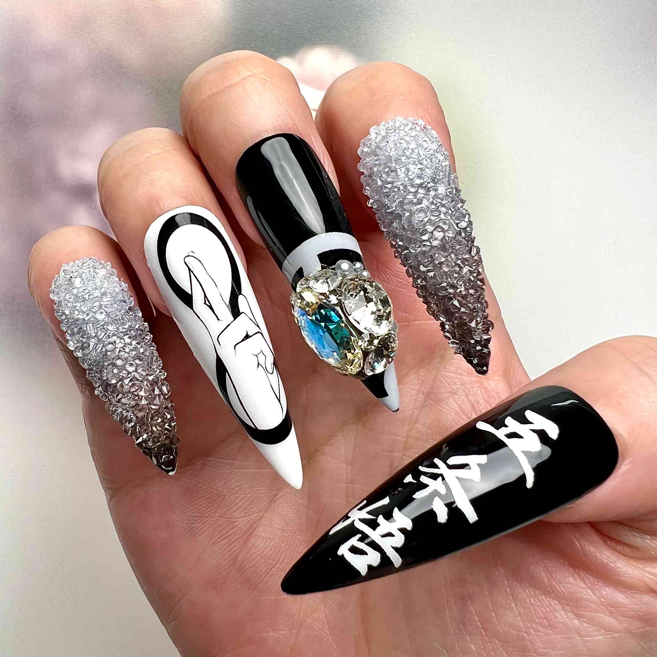 Gojo Satoru Nails – Jujutsu Kaisen JJK Press-On Set, 3D Crystal Drip &amp; Six Eyes Monochrome Design | Dragonnail