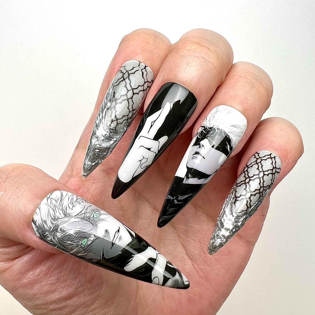 Gojo Satoru Nails – Jujutsu Kaisen Press-On Nail Set, Monochrome Infinity Edition | Dragonnail