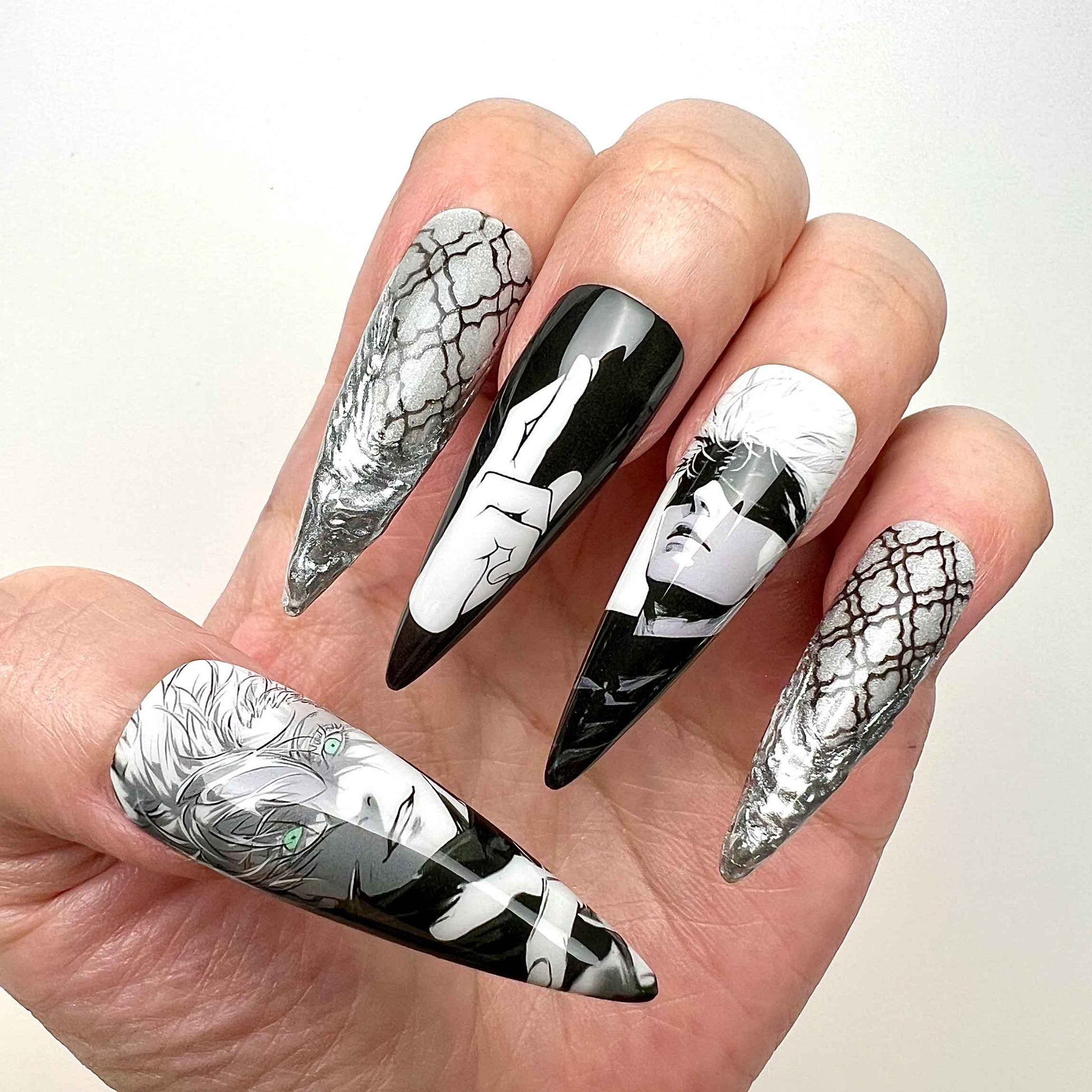 Gojo Satoru Nails – Jujutsu Kaisen Press-On Nail Set, Monochrome Infinity Edition | Dragonnail