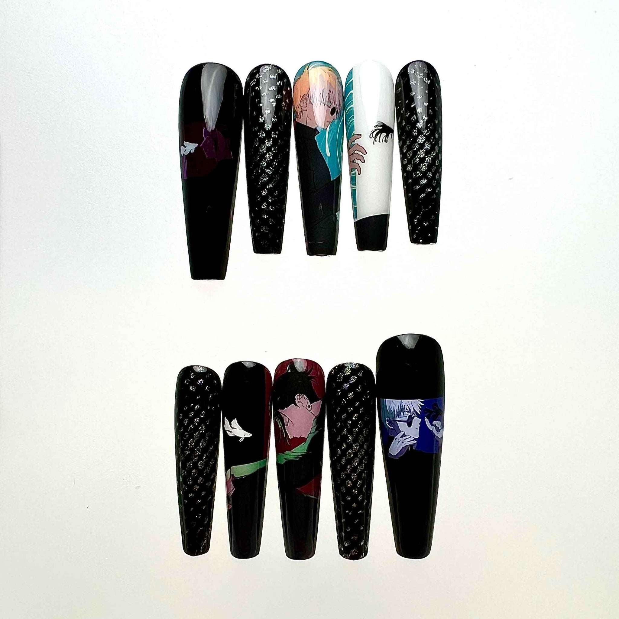 Hisoka &amp; Killua Nails – Hunter x Hunter HxH Press-On Set, Black Glitter Spiderweb Anime Design | Dragonnail