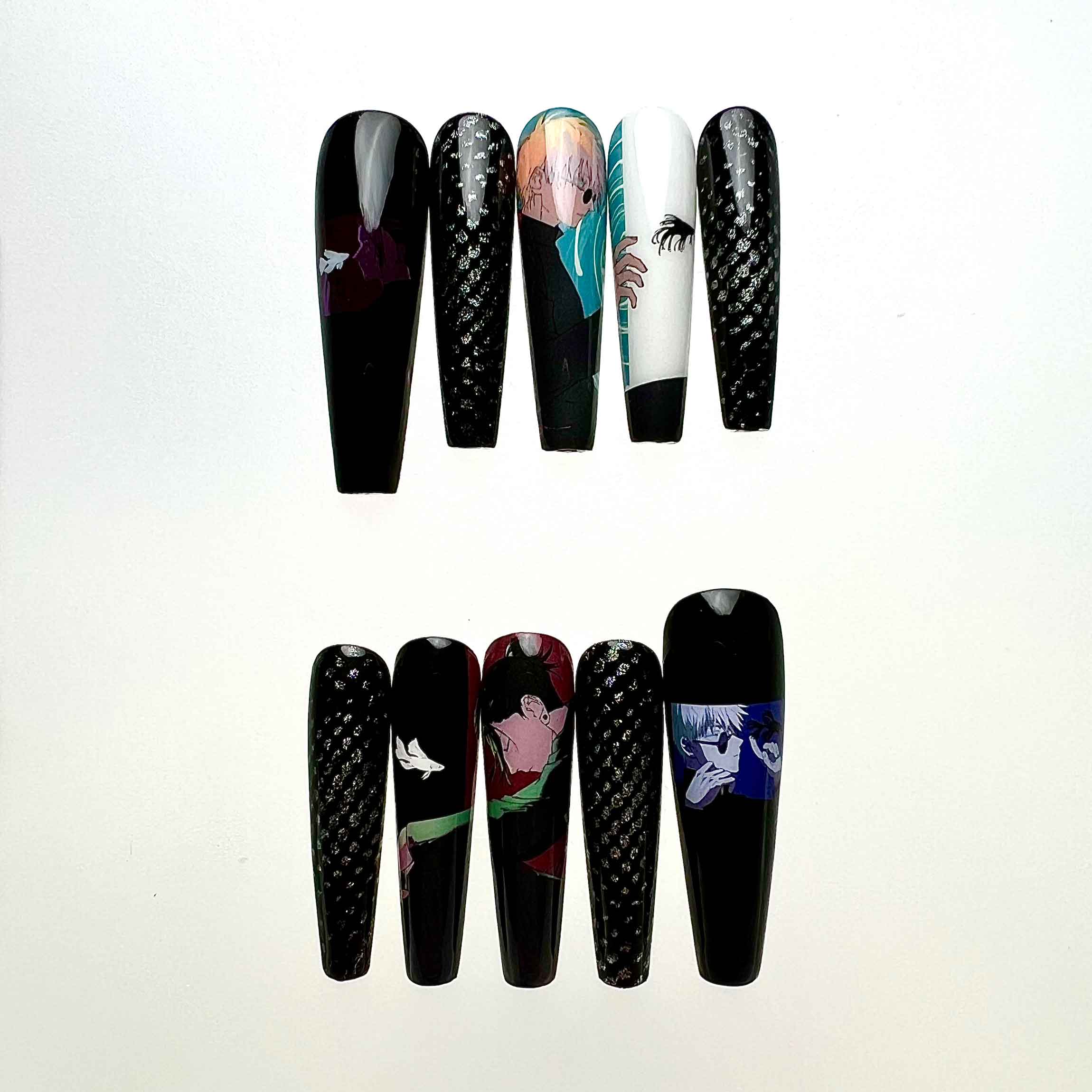 Hisoka &amp; Killua Nails – Hunter x Hunter HxH Press-On Set, Black Glitter Spiderweb Anime Design | Dragonnail