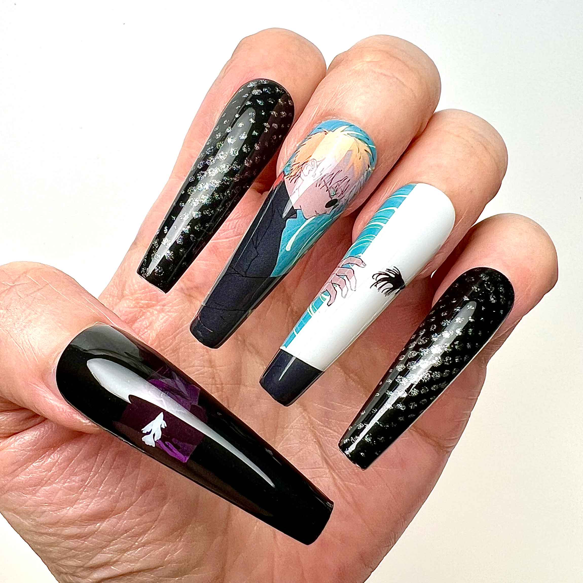 Hisoka &amp; Killua Nails – Hunter x Hunter HxH Press-On Set, Black Glitter Spiderweb Anime Design | Dragonnail