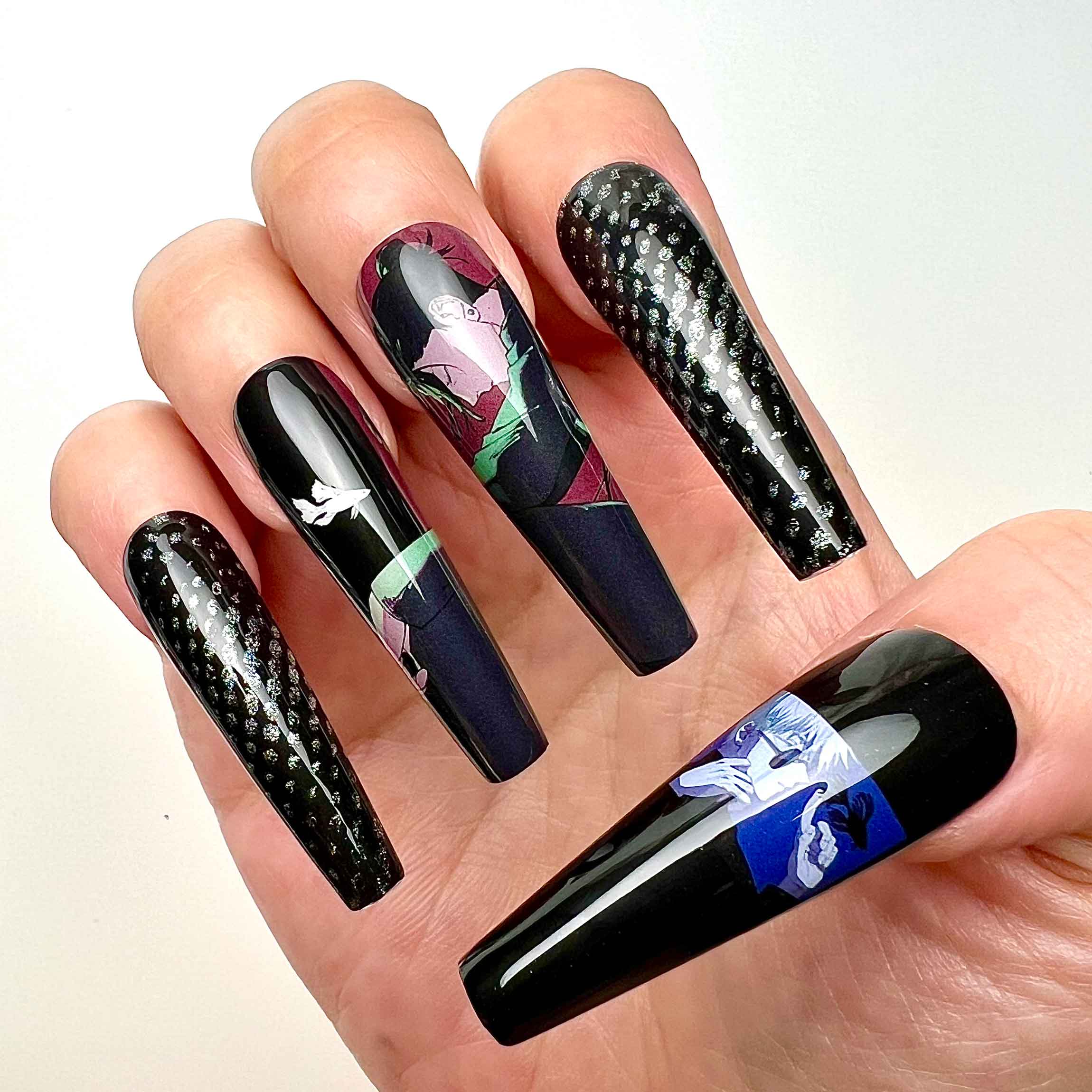 Hisoka &amp; Killua Nails – Hunter x Hunter HxH Press-On Set, Black Glitter Spiderweb Anime Design | Dragonnail