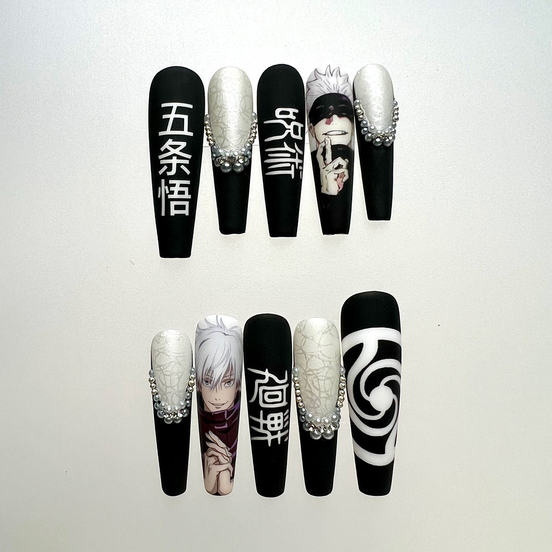 Gojo Satoru Nails – Jujutsu Kaisen JJK Press-On Set, Matte Black Kanji &amp; 3D Gem Design | Dragonnail