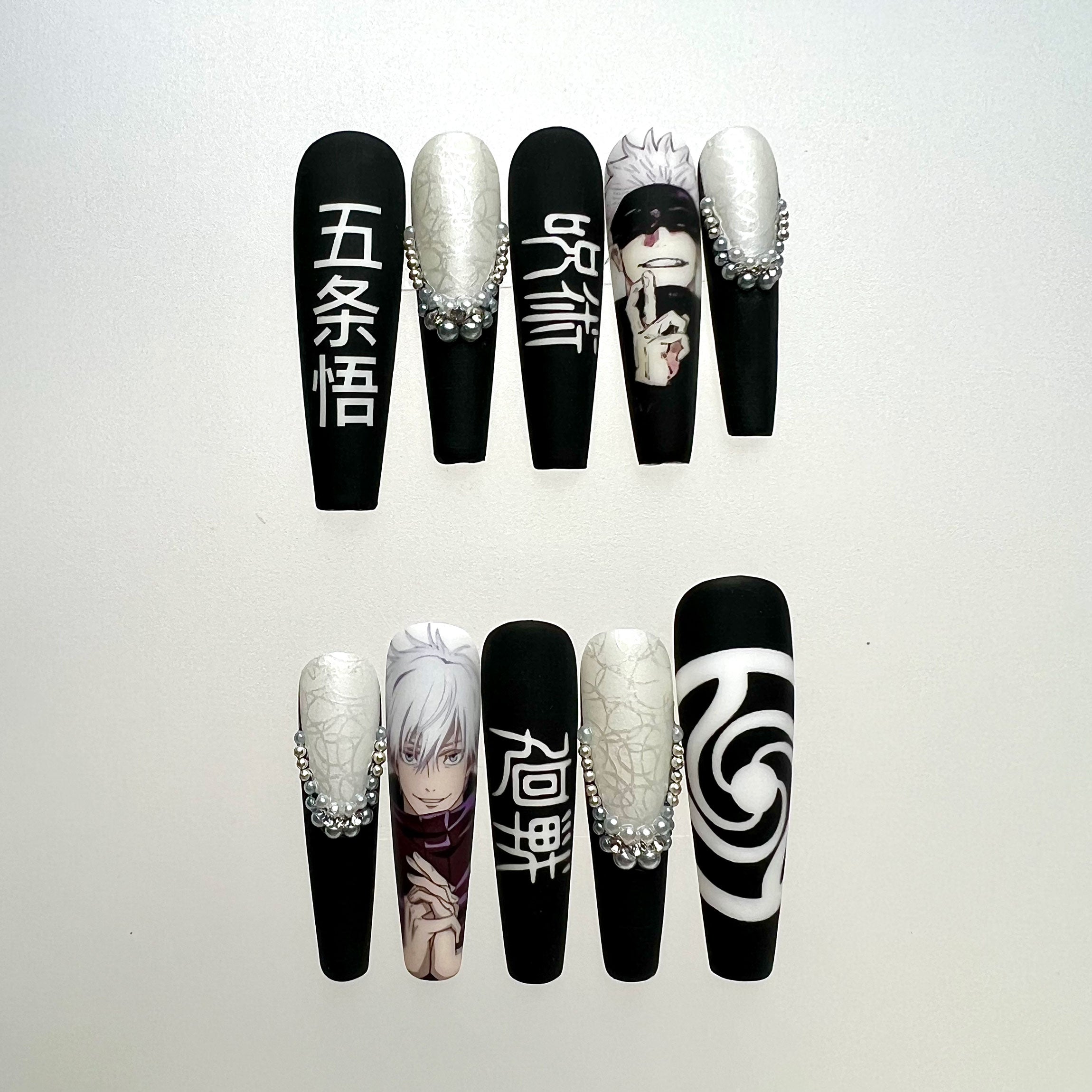 Gojo Satoru Nails – Jujutsu Kaisen JJK Press-On Set, Matte Black Kanji &amp; 3D Gem Design | Dragonnail