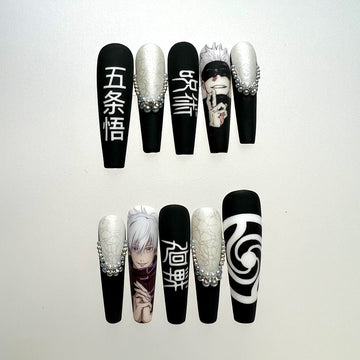 Gojo Satoru Nails – Jujutsu Kaisen JJK Press-On Set, Matte Black Kanji &amp; 3D Gem Design | Dragonnail
