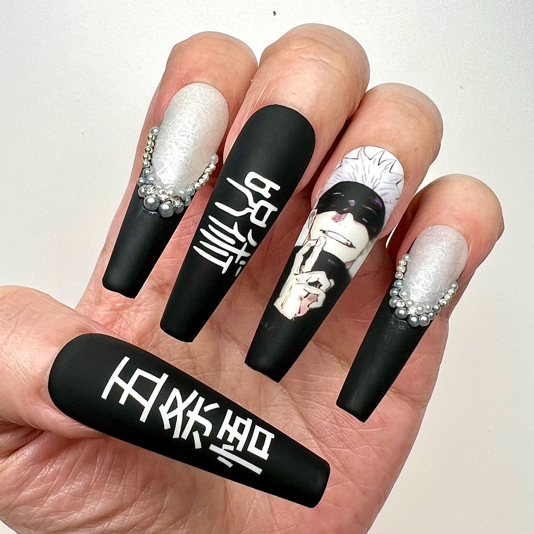 Gojo Satoru Nails – Jujutsu Kaisen JJK Press-On Set, Matte Black Kanji &amp; 3D Gem Design | Dragonnail