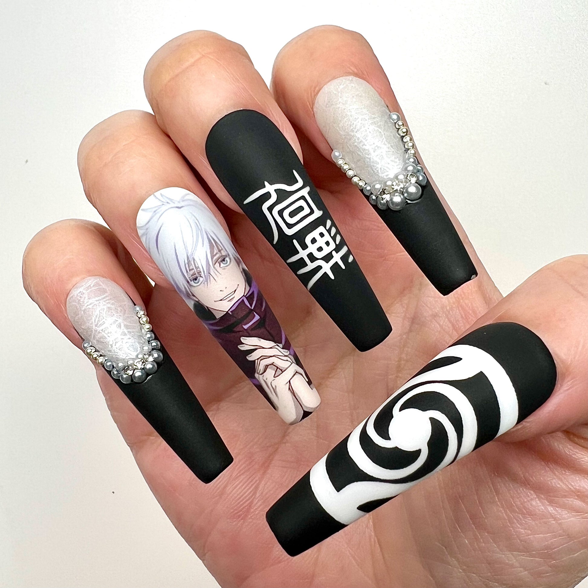 Gojo Satoru Nails – Jujutsu Kaisen JJK Press-On Set, Matte Black Kanji &amp; 3D Gem Design | Dragonnail
