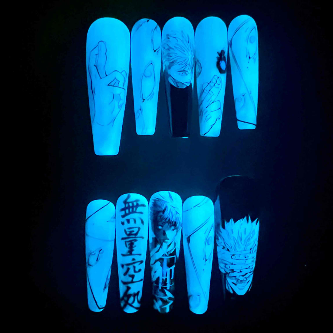 Gojo Satoru Nails – Glow-in-the-Dark JJK Press-On Set, Infinite Void Blue Aura Design | Dragonnail