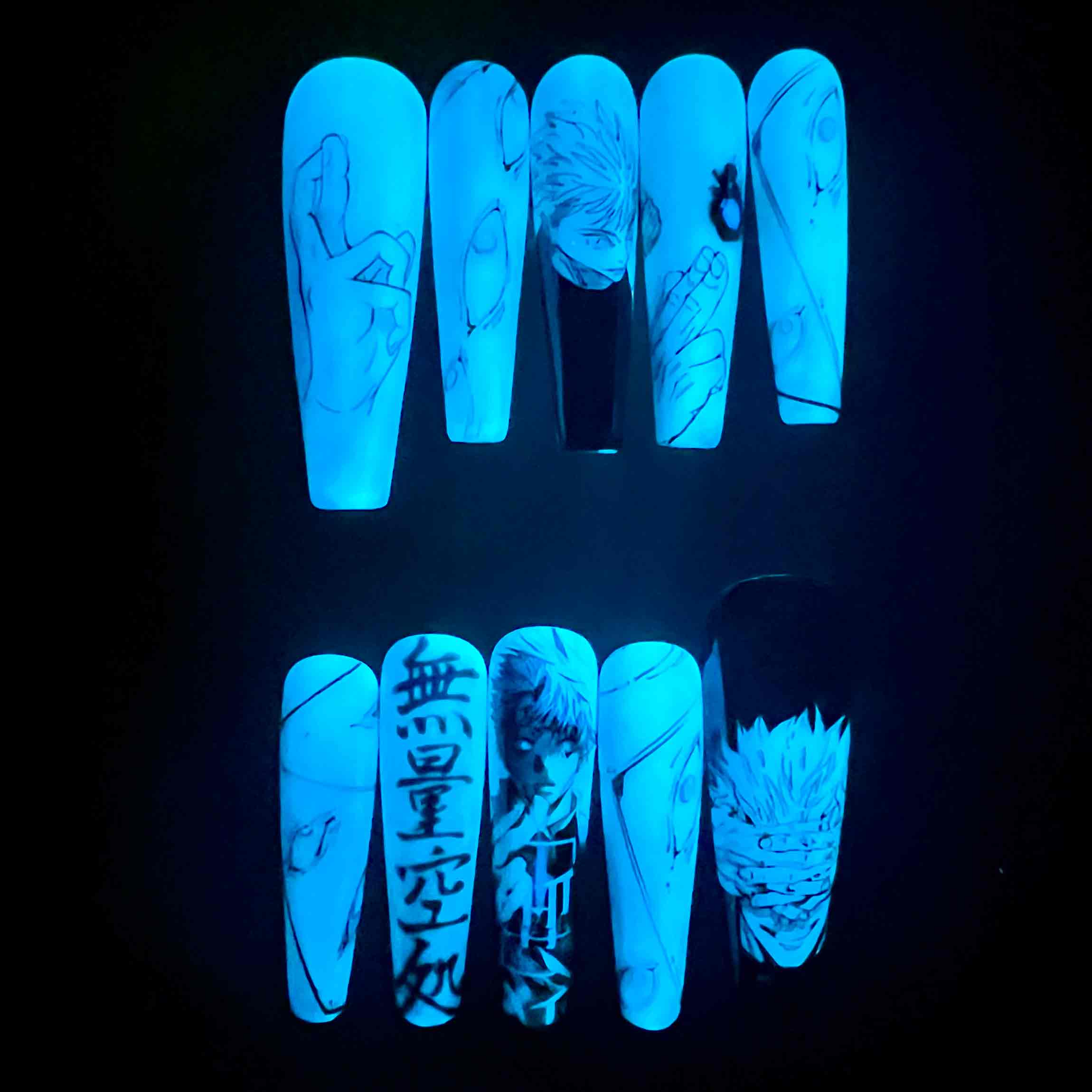Gojo Satoru Nails – Glow-in-the-Dark JJK Press-On Set, Infinite Void Blue Aura Design | Dragonnail