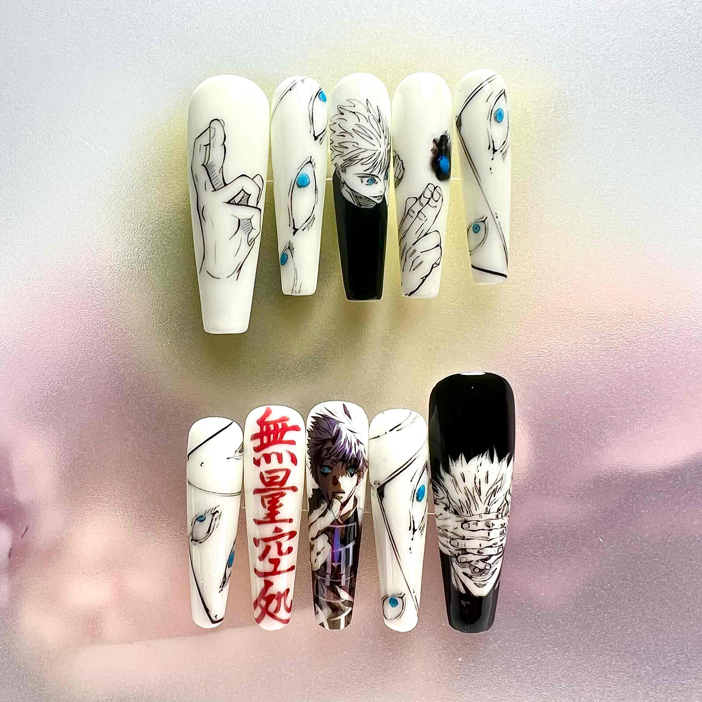 Gojo Satoru Nails – Glow-in-the-Dark JJK Press-On Set, Infinite Void Blue Aura Design | Dragonnail