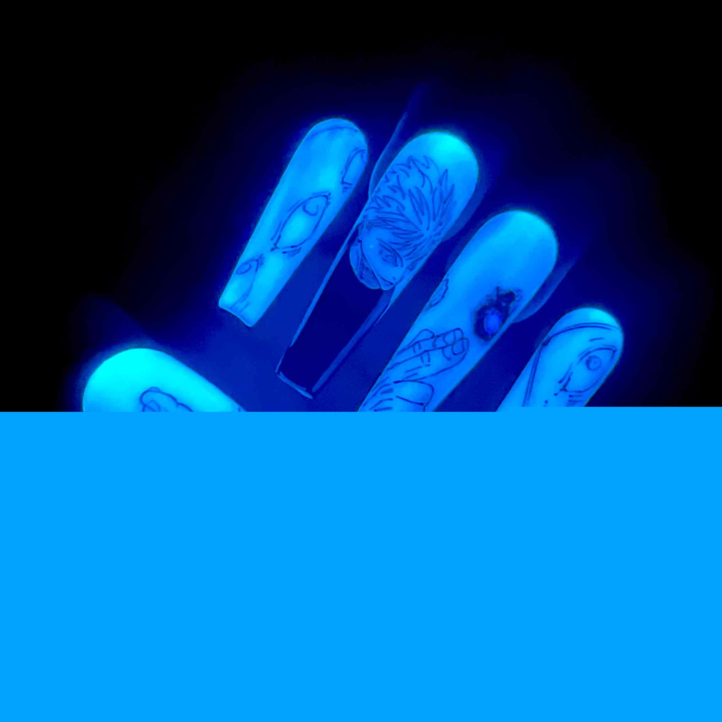 Gojo Satoru Nails – Glow-in-the-Dark JJK Press-On Set, Infinite Void Blue Aura Design | Dragonnail